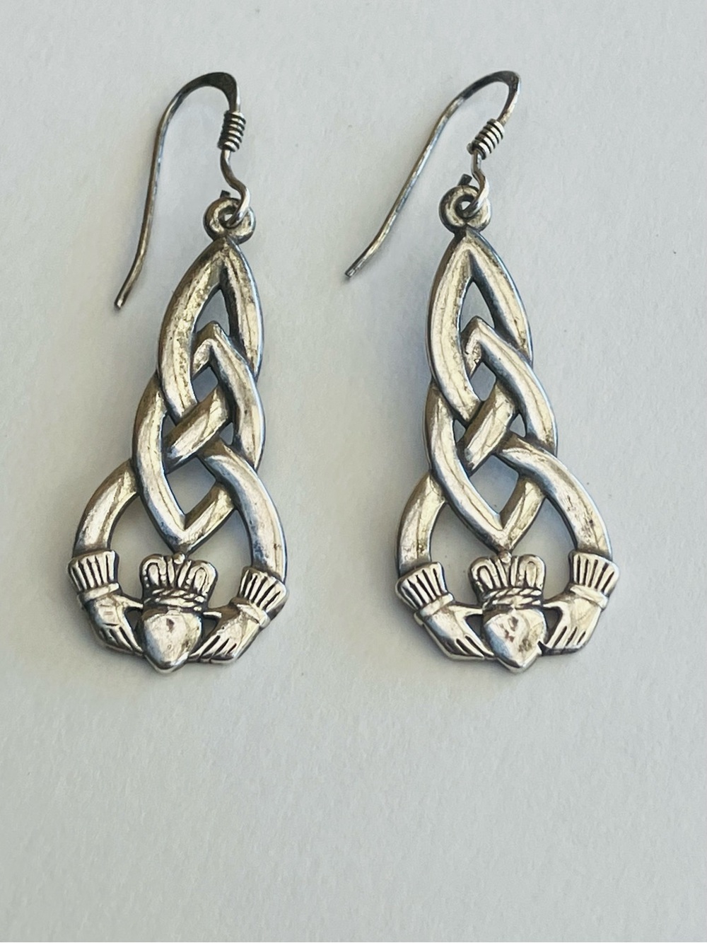 Vintage Claddagh Sterling Celtic Knot Hands Heart Drop Dangle Earrings